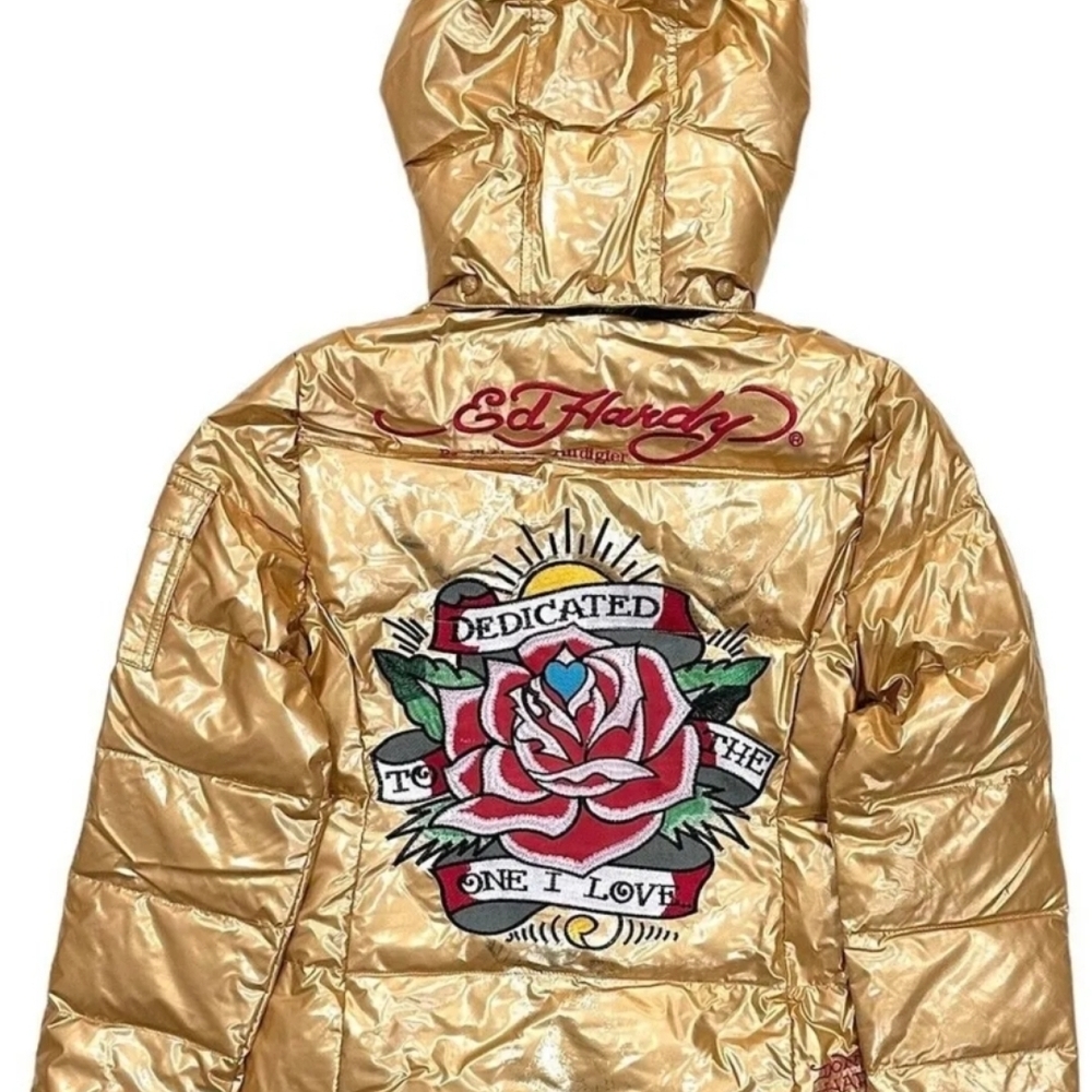 Ed Hardy by Christian Audigier Women's Embroidered Removable Hood Puffer Jacket - Picture 2 of 5